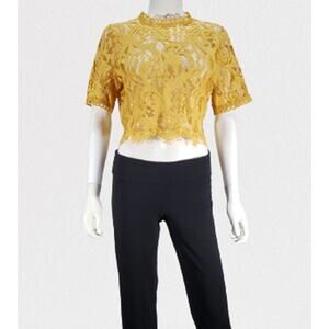 Peach Women's Gold, Lace Floral see through Crop top, High neck, Size: XL, New